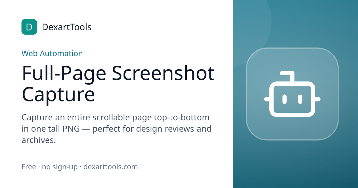 Full-Page Screenshot Capture: Capture an entire scrollable page top-to-bottom in one tall PNG — perfect for design reviews and archives.