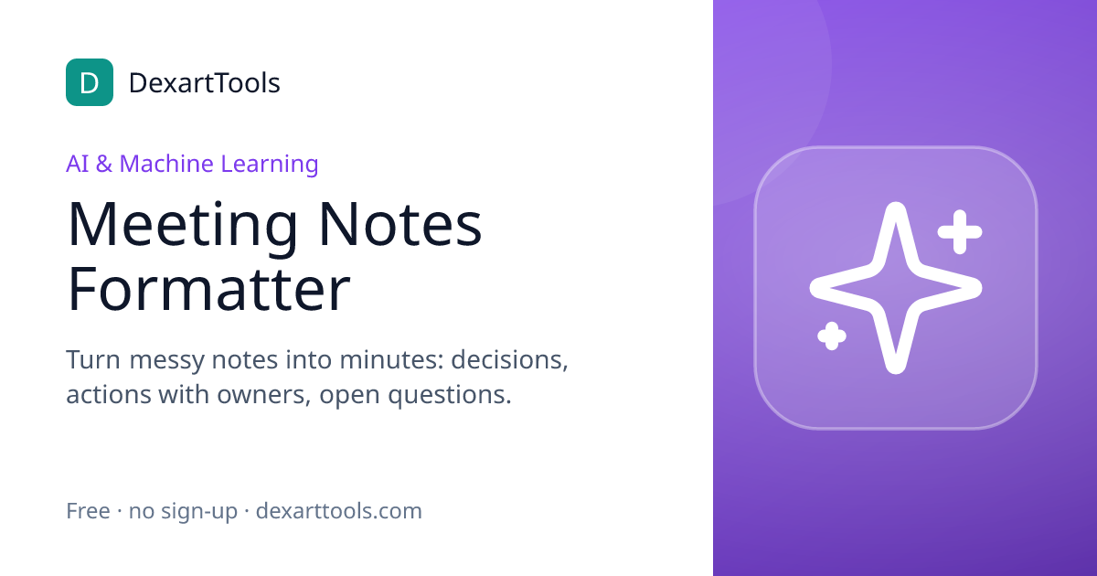 Meeting Notes Formatter: Turn messy notes into minutes: decisions, actions with owners, open questions.