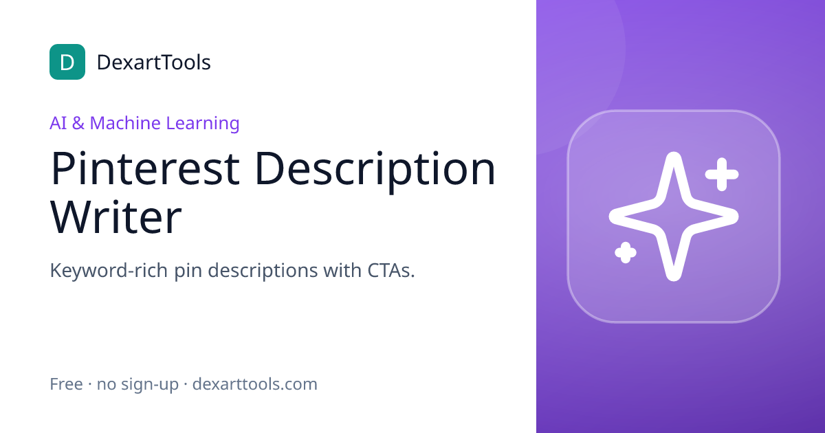 Pinterest Description Writer: Keyword-rich pin descriptions with CTAs.