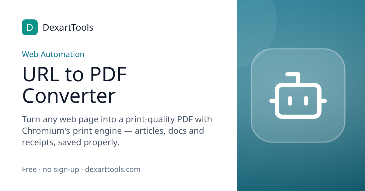 URL to PDF Converter: Turn any web page into a print-quality PDF with Chromium's print engine — articles, docs and receipts, saved properly.