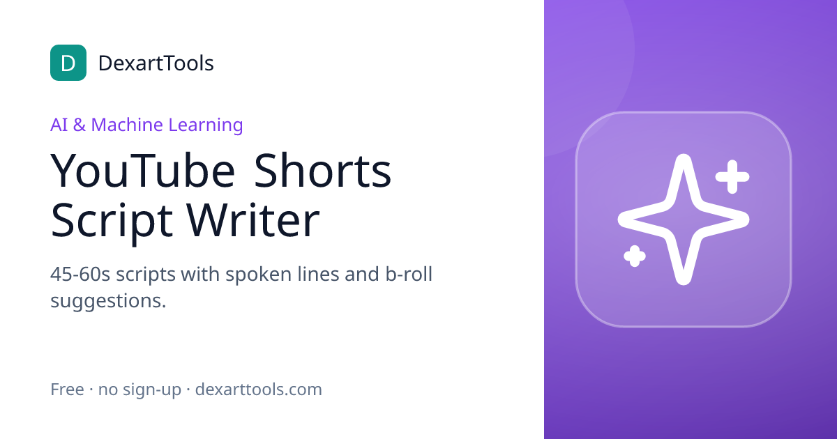 YouTube Shorts Script Writer: 45-60s scripts with spoken lines and b-roll suggestions.